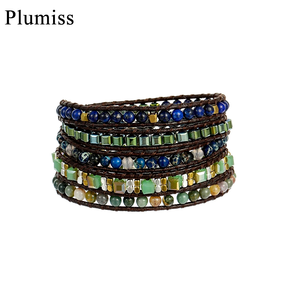 Blue Green Natural Stone Leather Wrap Bracelets for Women Lapis Lazuli Crystal Agates 5 Times Strand Beaded Bracelet Jewelry