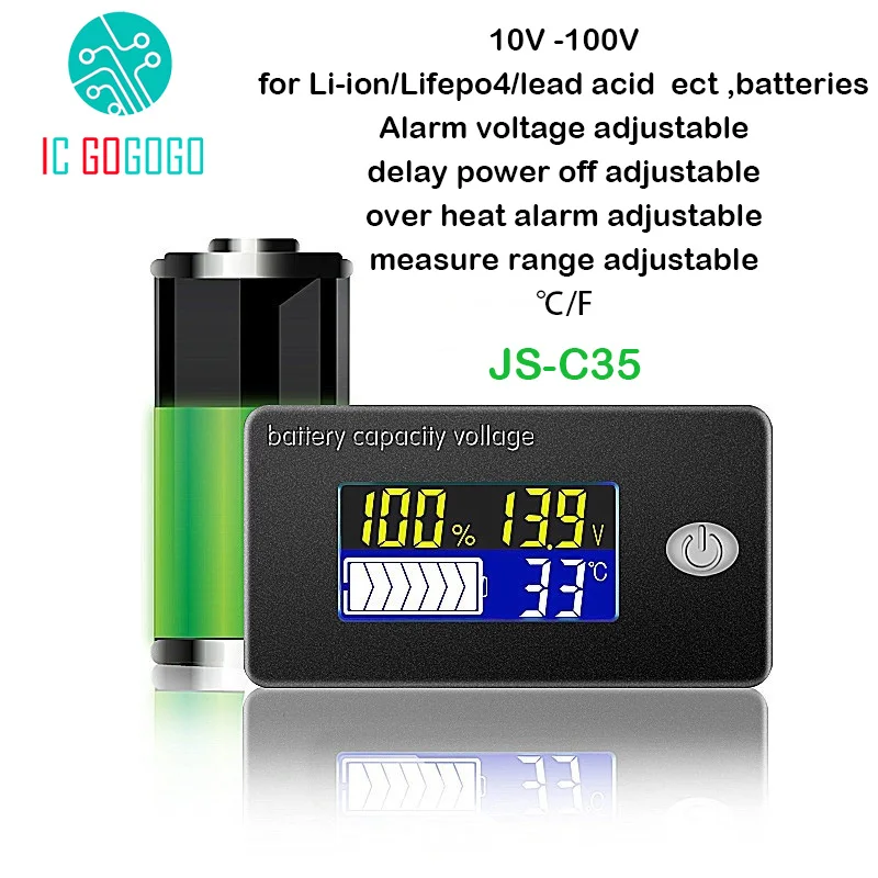 JS-C35 3S 4S 5S 7S 10S 13S Battery Capacity Indicator 12V 36V 48V 72V Display LCD Voltmeter Temperature Meter Power level Tester