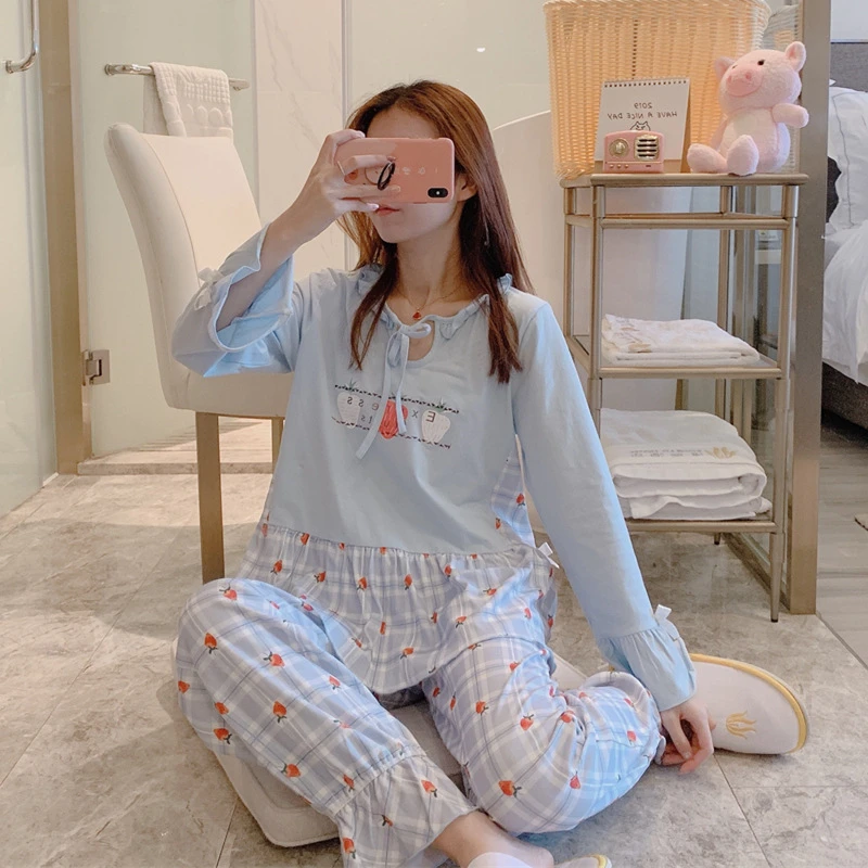 Home service two-piece loose cotton bathrobe New style cotton long-sleeve trousers pajamas Korean casual sexy sleepwear pijamas