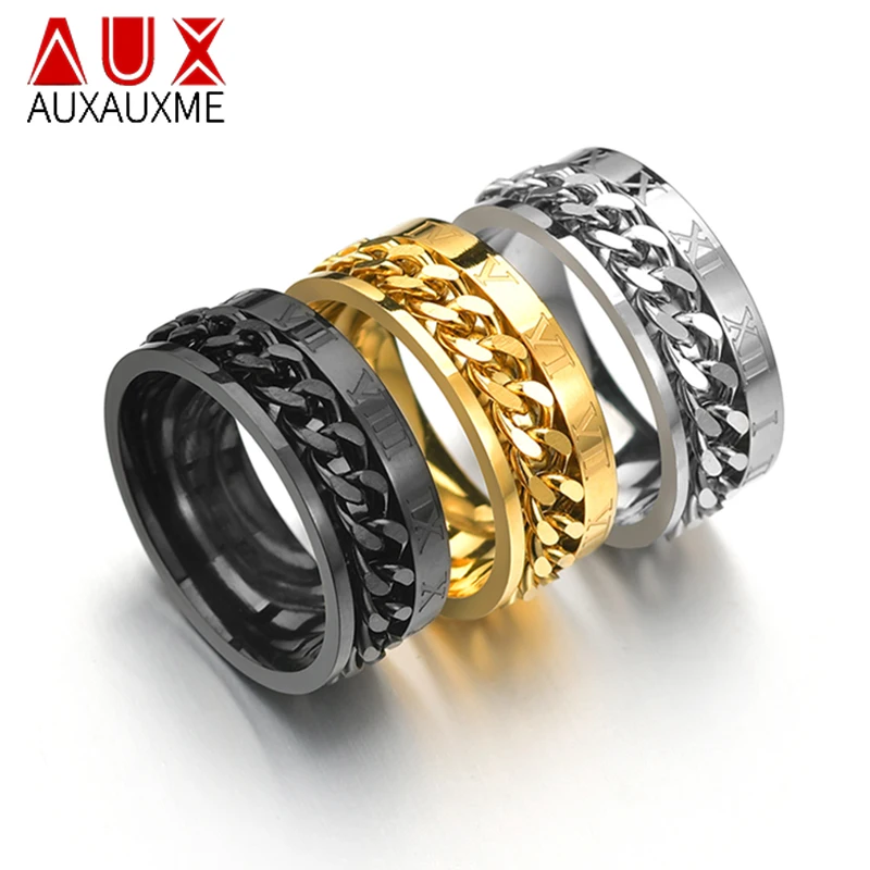 Auxauxme-Anillo de cadena giratoria con números romanos para hombre, con textura de neumático de acero de titanio, eslabones giratorios, Punk, Alianza Anel masculina