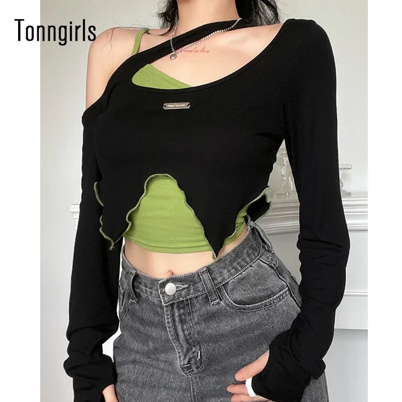 Tonngirls Y2k Vintage T-shirt Grunge Tie Dye Crop Tops 2-piece Women Casual Camis T-shirt Streetwear Long Sleeve Lace Up Tee Top