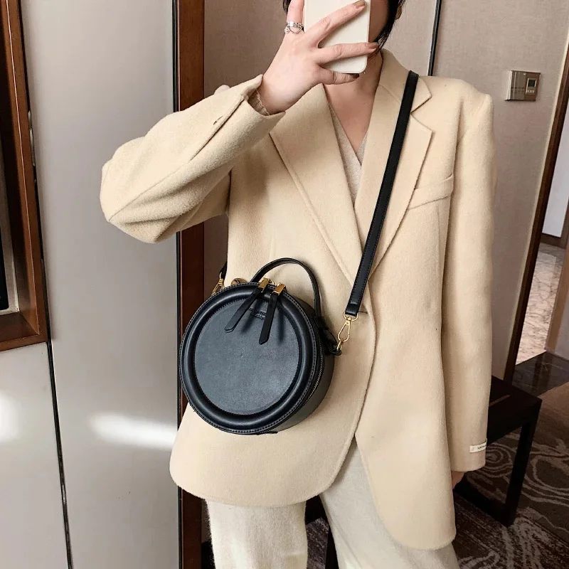 Solid color Crossbody Bag For Women Round Small Handbag Women Fashion Designer Bags Leather Shoulder Bag Female Zipper Purses