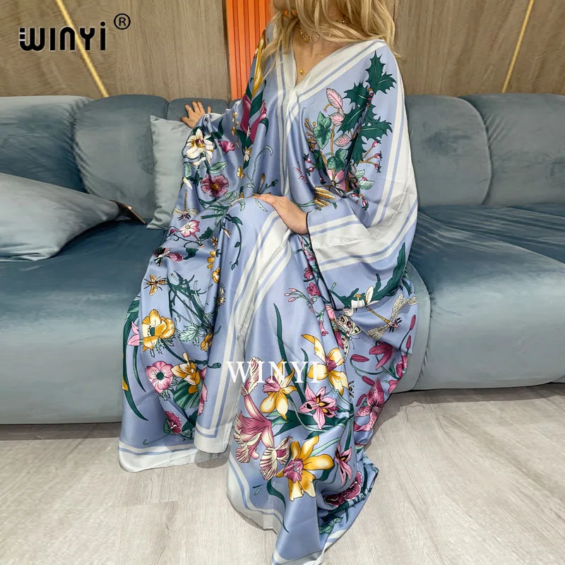 Traditional Printed Rayon WINYI maxi dress Dashiki African Women's Abaya Robe Long dresses for beach Bohemian v-neck dress