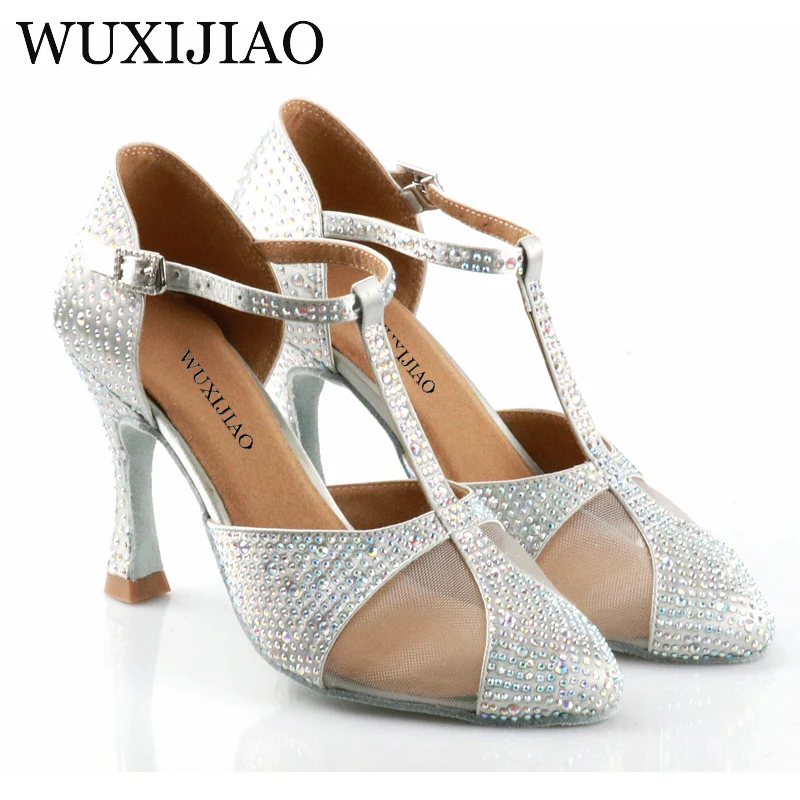 WUXIJIAO-zapatos de baile latino con diamantes de imitación, calzado de satén de seda plateada, zapatos de boda, diseño de diamantes de imitación