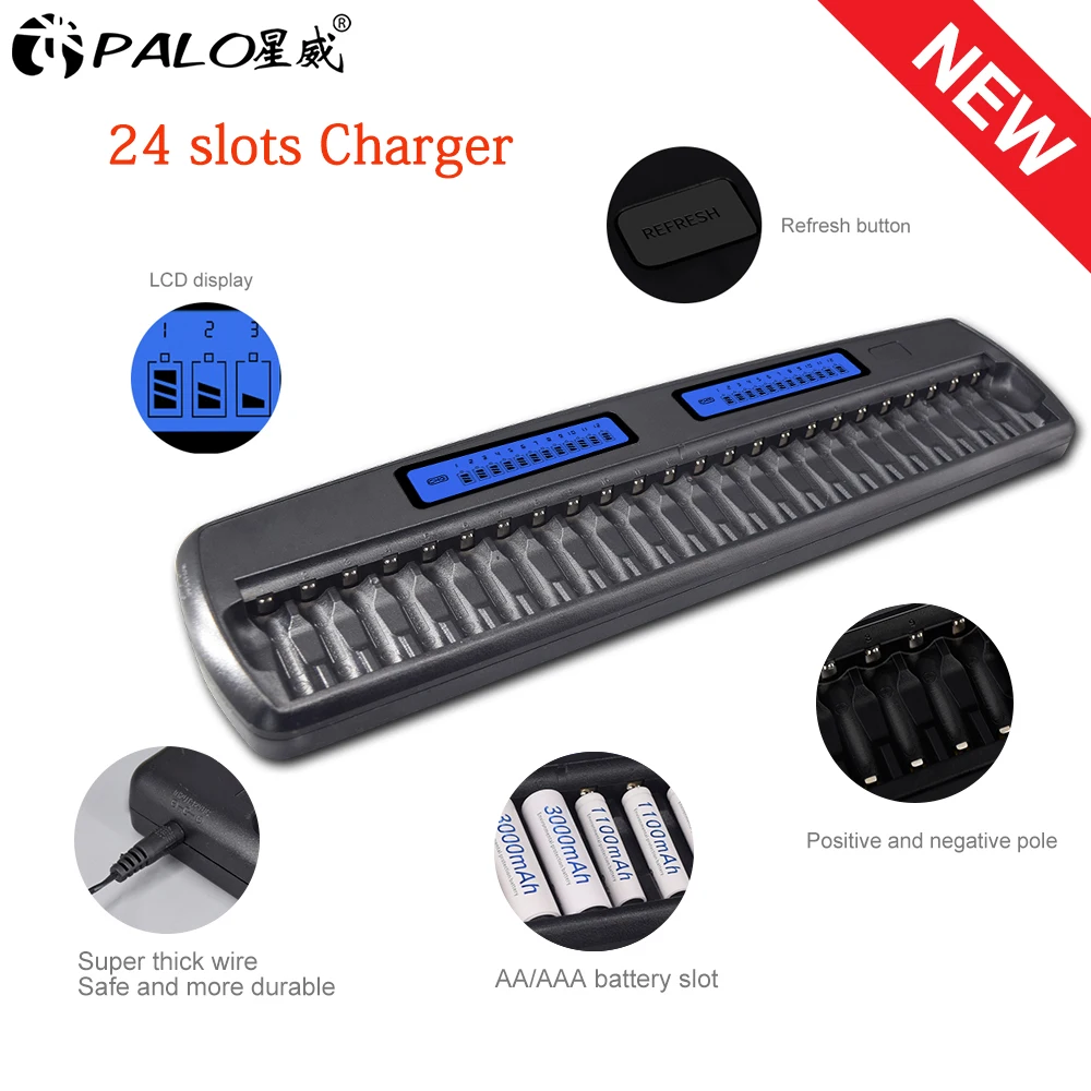 PALO 24 Slots LCD Display Smart intelligent Battery Charger for AA / AAA battery Ni-CD Ni-MH 1.2V rechargeable battery batteries