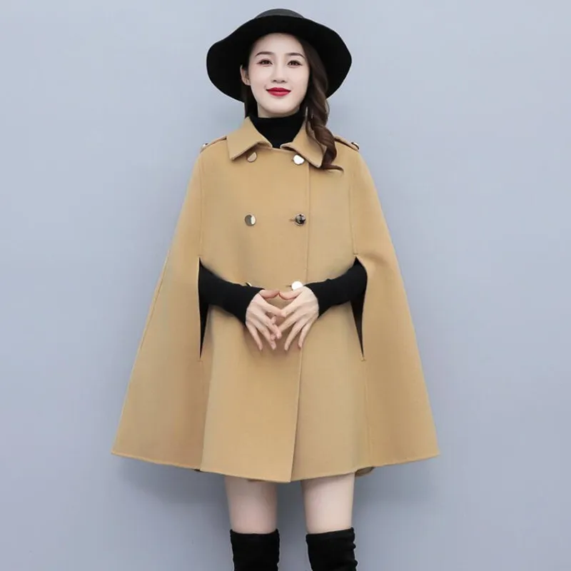 Women Woolen Cloak Jackets Fashion Capes Coat Ladies Autumn Winter Mid-length Double Breasted Loose Poncho Outwear s1759