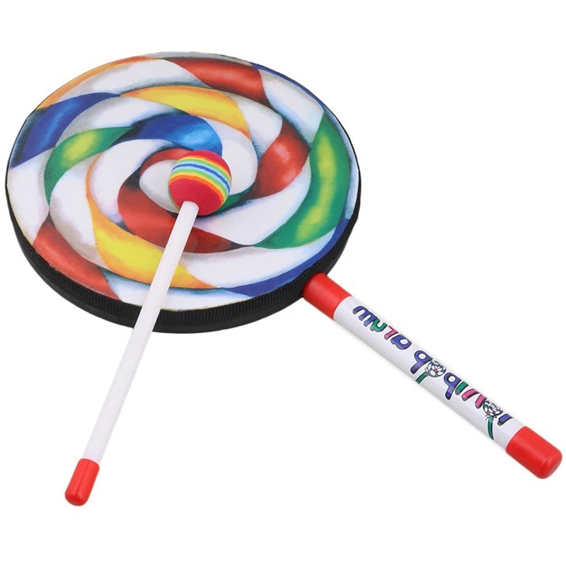 10Pcs 7.9 inch Lollipop Shape Drum With Rainbow Color Mallet Music Rhythm Instruments Kids Baby Children Playing Toy