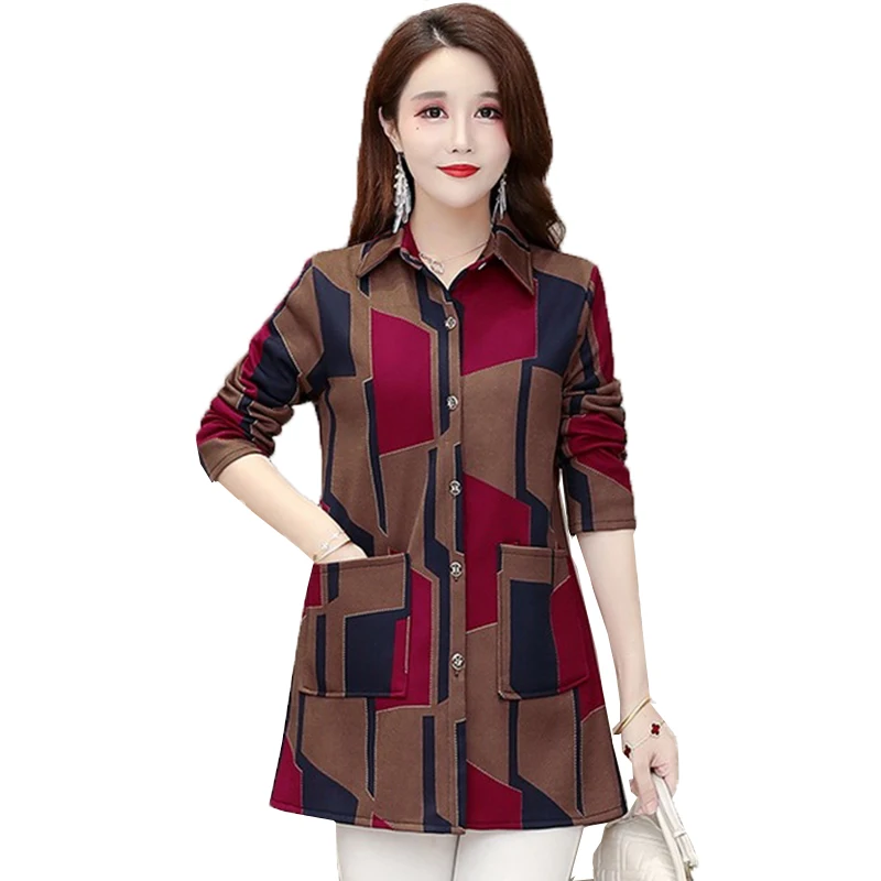 Middle-Aged Elderly Mothers Add Velvet Plaid Shirt Tops Spring Autumn New Women's Cardigan Jacket Long-Sleeved Top Outerwear