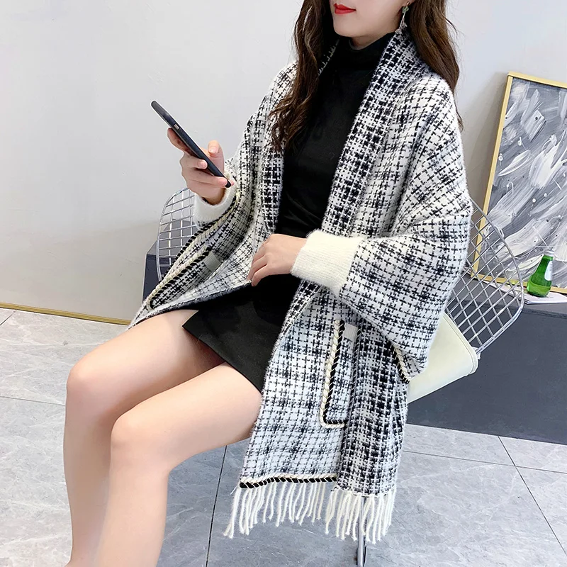 Woman Mink Velvet Pocket Shawl Loose Plus Size Socialite Warm Cardigan Tassel Knit Bat Sleeve Poncho Cape Winter Sweater Coat