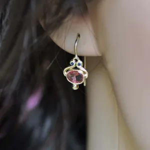 Simüle Turmalin Dangle Kanca Küpe Kadınlar için, Altın renkli, Oval şekilli, Pembe, Mücevher, Mevcut, Benzersiz, Küpeler için 6 büyük satış, turmalin-no. 3