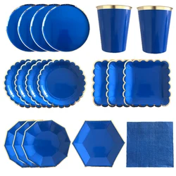 Blue Disposable Tableware Set Party Paper Straws Cups Plates Baby Shower Birthday Supplies Favors Party Carnival Wedding Decor