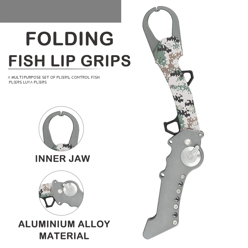 

TUNALA Folding Fish Lip Grips Grabber Clamp Controller with Anti-lost Rope Aluminium Camouflage Gray Lure Fishing Tackle Tools