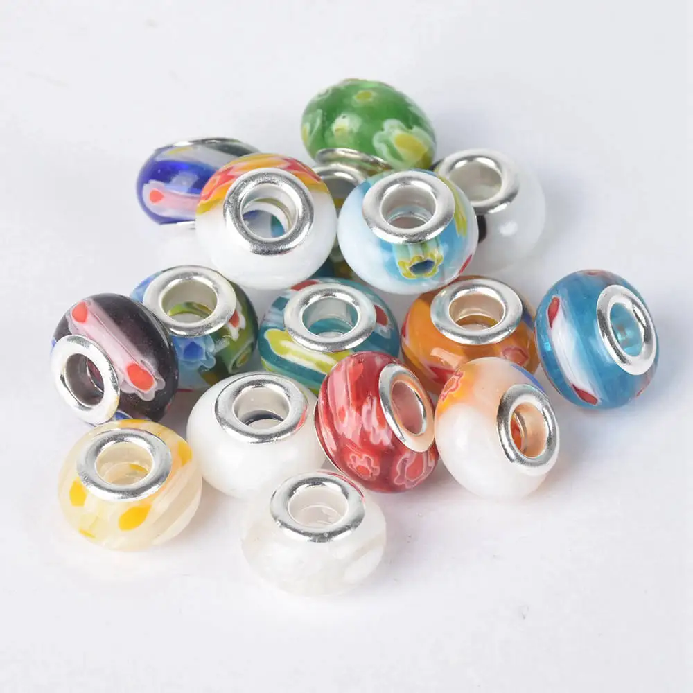 Random Mixed 14x9mm Round Millefiori Lampwork Glass Big Hole Beads for Jewelry Making European Charms Bracelet DIY 10pcs