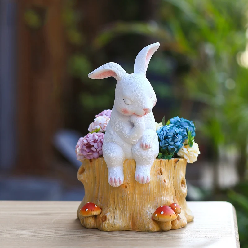 American Simulation Rabbit Flower Pot Resin Accessories Outdoor Lawn Sculpture Crafts Garden Villa Balcony Figurines Decoration