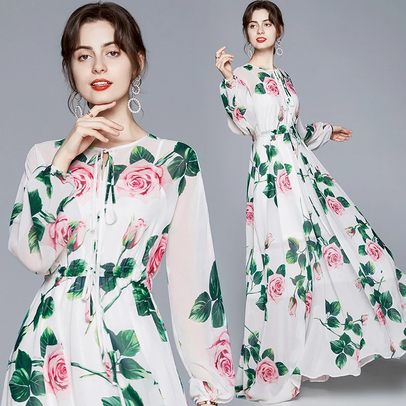 Banulin Summer Fashion Runway Boho Maxi Dresses Women\'s Long Sleeve Rose Flowers Print Elastic Waist Holiday Elegant Long Dress