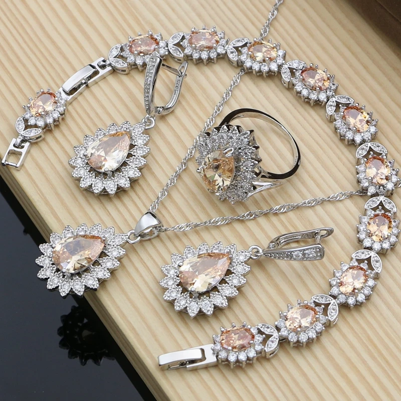 Classic Drop Bridal Jewelry Sets Champagne CZ Stone for Wedding Earrings Rings Necklace Fashion Jewelry Suit Dropshipping