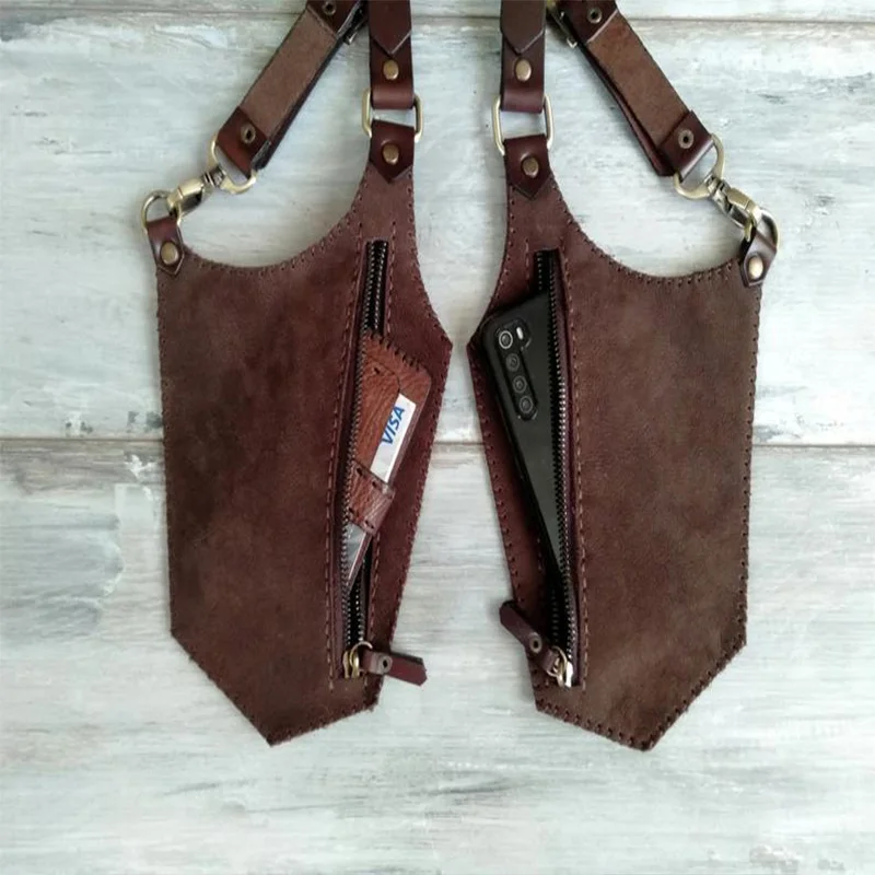 Bolsa de ombro de couro medieval Steampunk para homens e mulheres, estojo para telefone, carteira vintage, estojo duplo, bolsa pirata viking