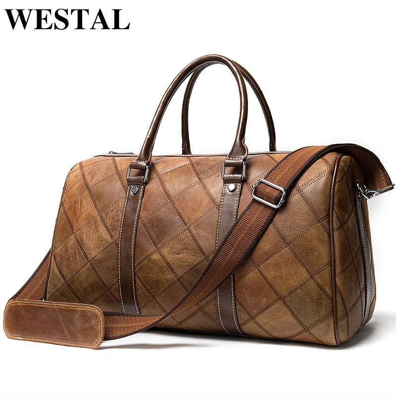 WESTAL leather duffle bag 남성용 여행용 가방 가죽 빈티지 주말 가방 남성용 여행용 가방 정품 가죽 수하물/밤새 토트 백