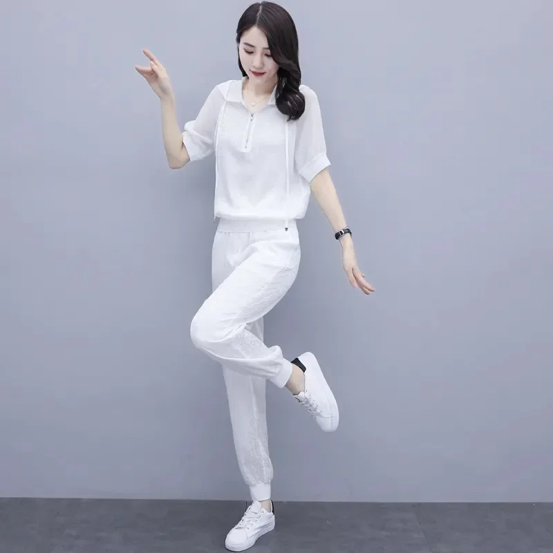 Women Hooded T-Shirt And Sports Pant Sets Female 2022 Summer New Korean Fashion Temperament Thin Two Piece Suit Elegant White