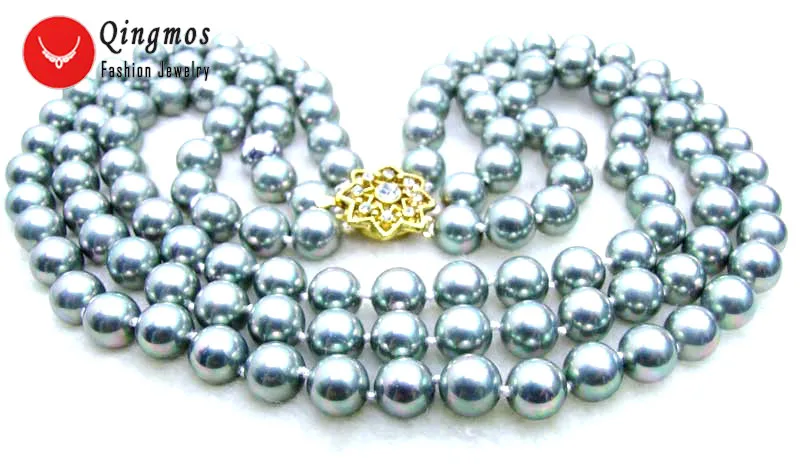 Qingmos 8mm Round Silver Gray Sea Shell Pearl Necklace for Women with Super Luster Pearl  3 Strands 18-20