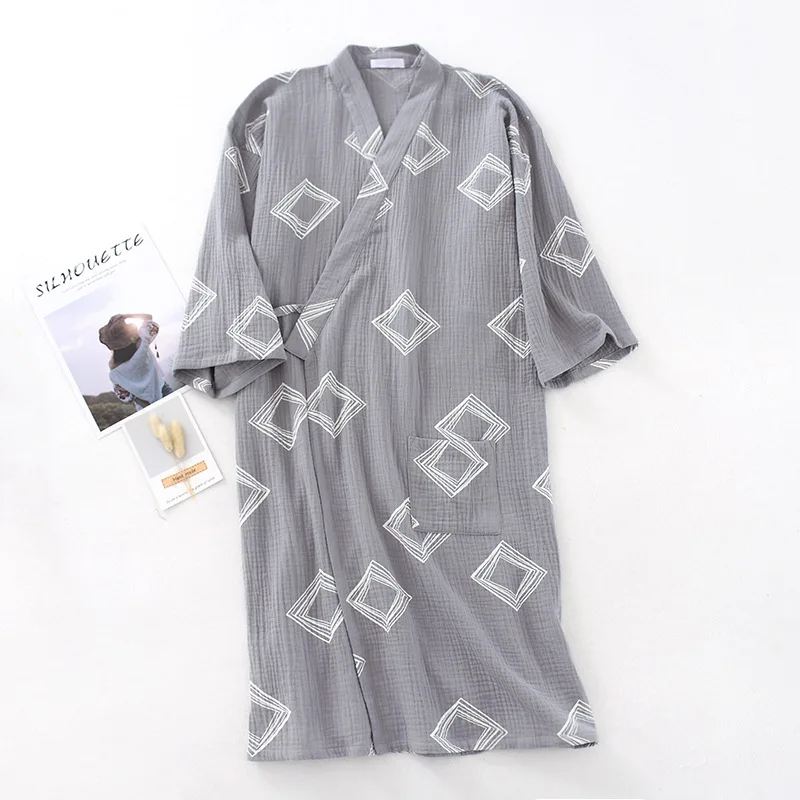 Summer Men Cotton Kimono Sleepwear V-Neck Loose Bathrobe Long Sleeve Nightgown Geometric Printing Robe Home Bath Robes