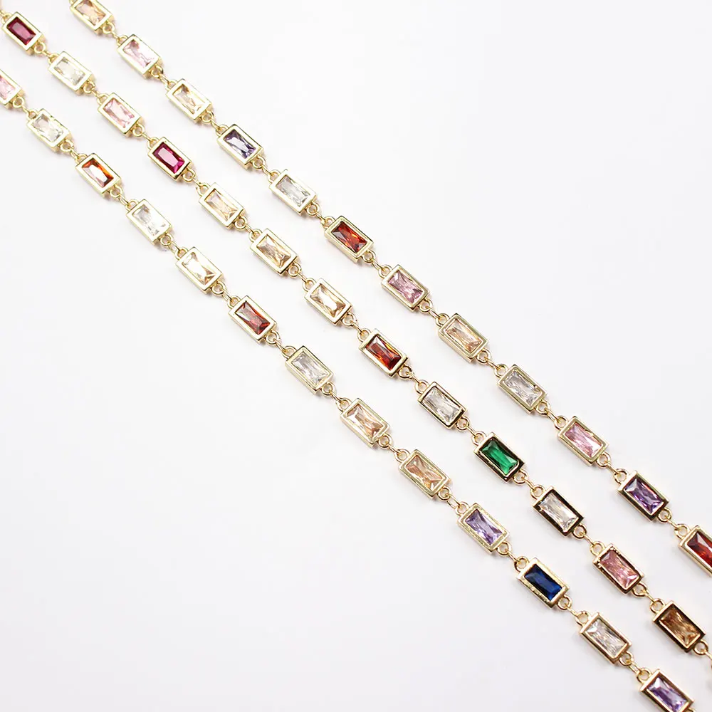 APDGG 1 Meter Rainbow Color Rectangle Cubic Zircon Chain Yellow Gold Plated DIY Making Pearl Jewelry