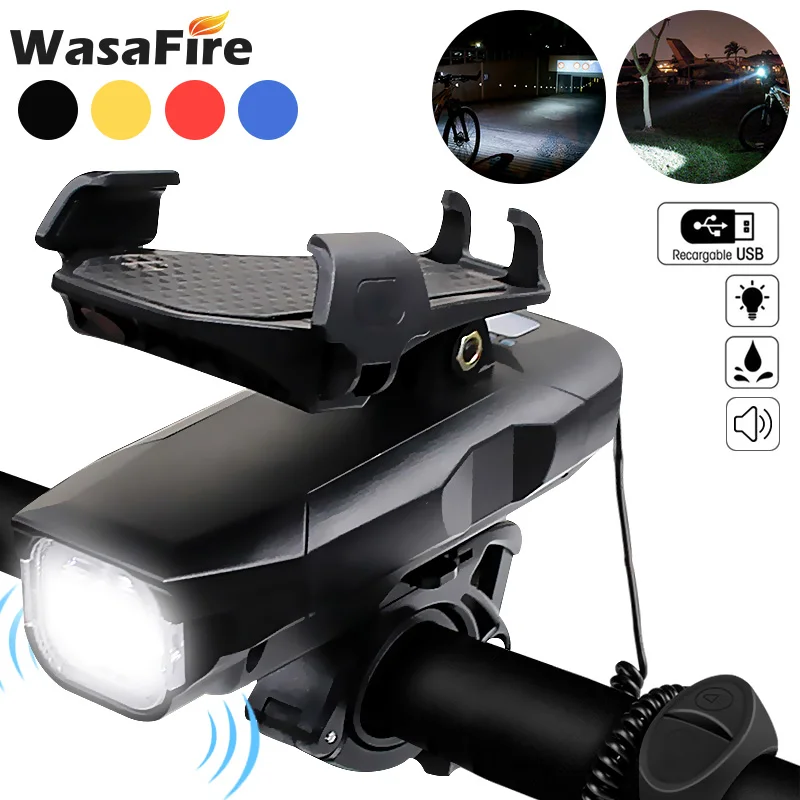 Bike Light 4 in 1 T6 LED Bicycle Front Light Mobile Phone Bracket Bike Horn Power Bank Headlight USB Rechargeable MTB Head Lamp