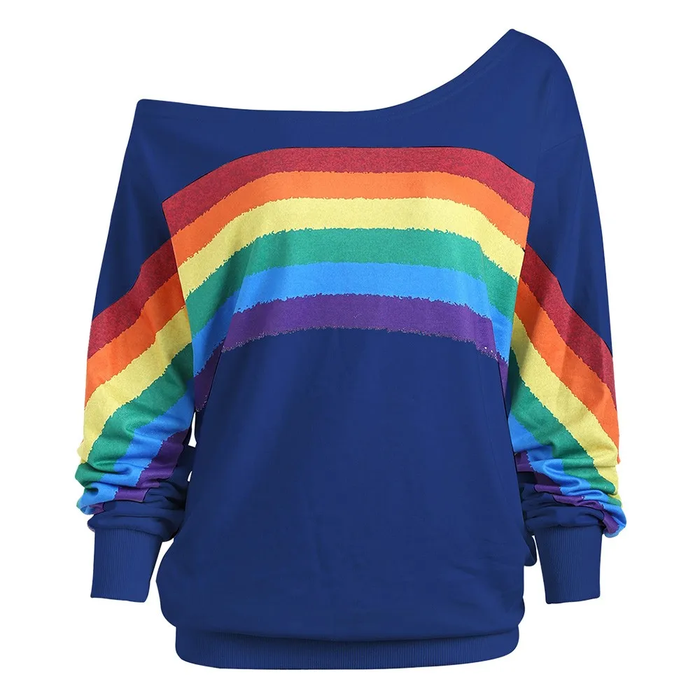 Rainbow Sweatshirt Women Skew Collar Off Shoulder Colorful Stripe Printing Long Sleeve Hoodies Polerones Mujer Women Sweatshirt