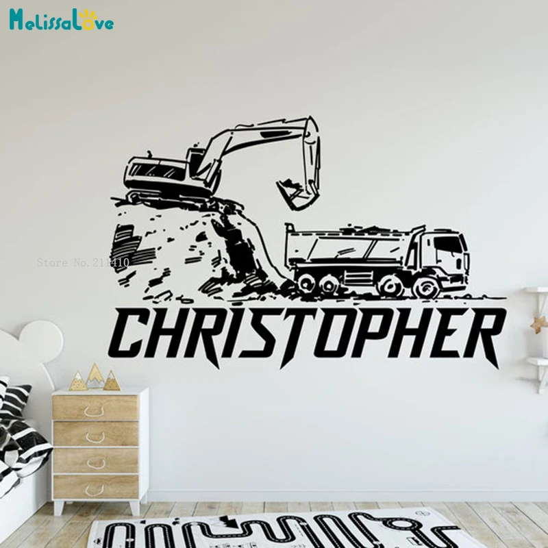 Construction Vehicle Vinyl Wall Stickers Home Kids Boys Room Decor Worksite Dump Excavator Personalized Decals YT6093