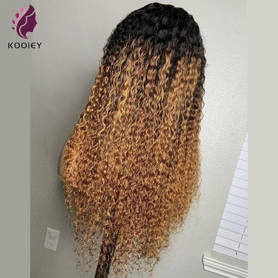 Brasileiro Kinky Curly Lace Front Perucas, Ombre, Loira, Seda Base, Cabelo Humano, Lace Encerramento Peruca, Pré Arrancadas, Ombre Color, 13x6, 1b, 27