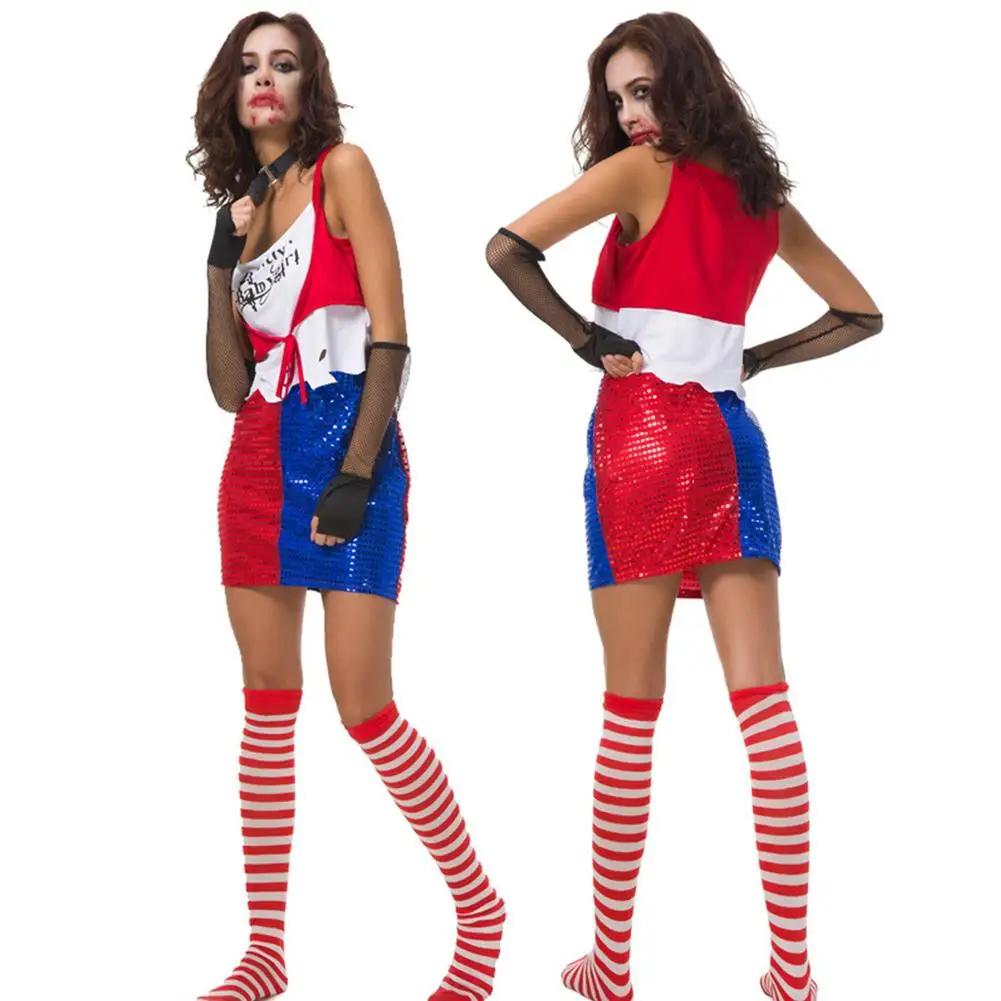 Robe d'halloween avec éléments classiques de petite amie Joker, Costume de fête pour carnaval Halloween et Cosplay Quinn C