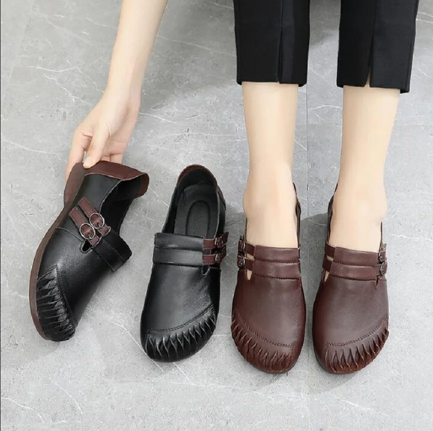 2021 Autumn New style Ballerinas Women Barefoot Flat Shoes women Genuine Leather Buckle Strap Ladies comfort Single Shoes Flat S