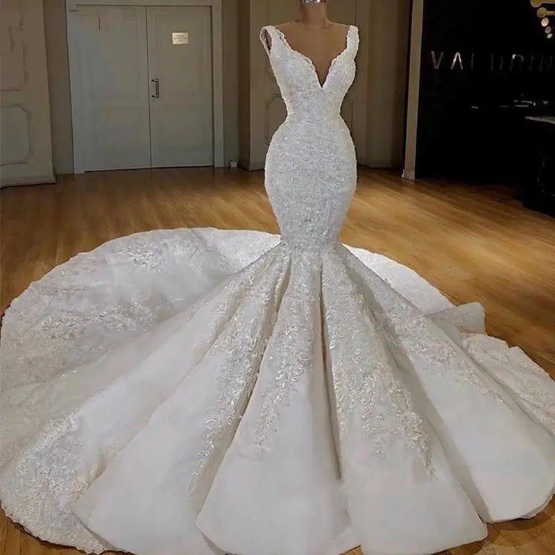 

Sleeveless V Neck Mermaid Wedding Dresses Sweep Train Full Lace Appliques Vestios De Novia Bridal Gowns Custom made