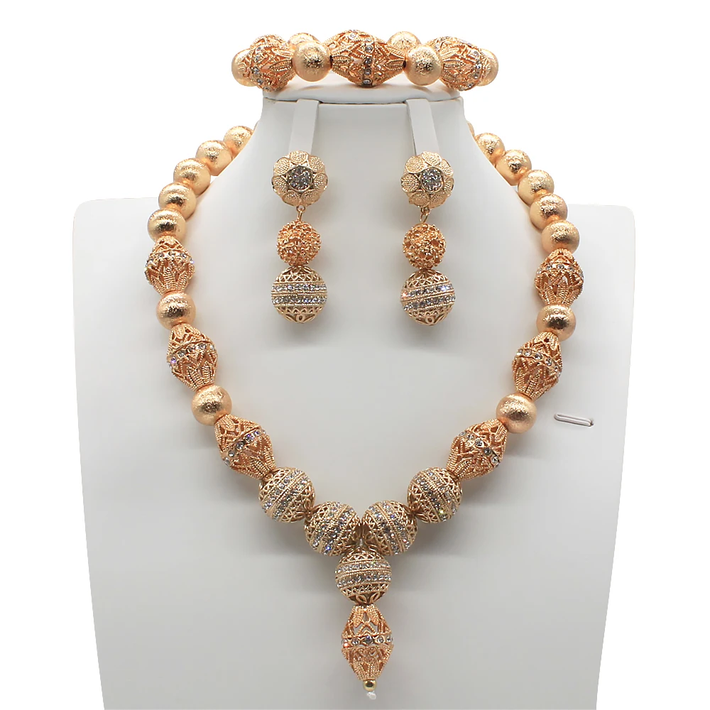 Luxurious Dubai Gold Copper Alloy Rhinestone New Gold African Beads Jewelry Set Bridal Jewelry Set ABG21