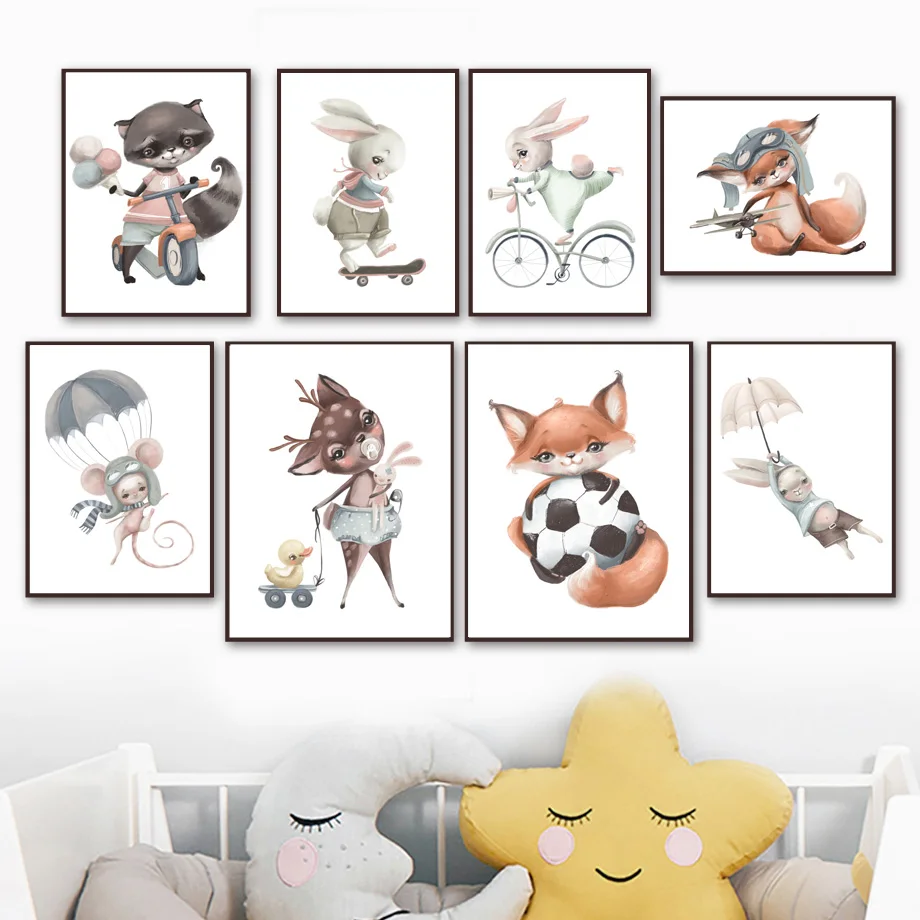 Cute Woodland Animals Bunny Deer Fox Bear Boy Vehicle Wall Art Print Canvas Painting Nordic Poster Wall Pictures Kids Room Decor