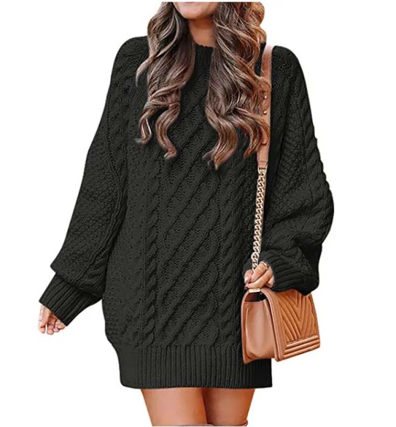 13 Colors Women Crewneck Long Sleeve Oversized Tops Cable Knit Chunky Pullove Thick Autumn and Winter Sweater Dresses