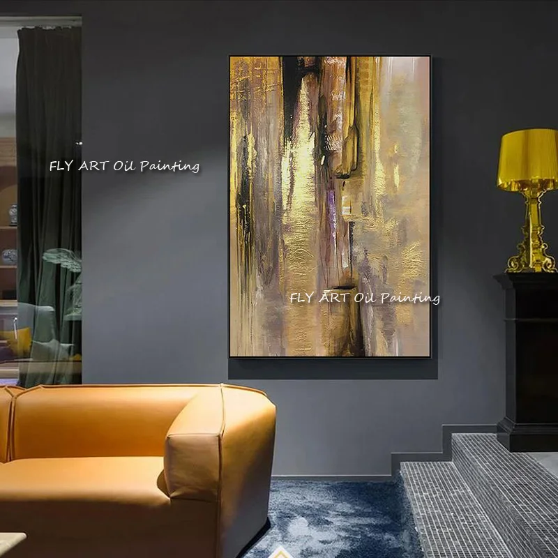 

Abstract gold leaf 100% handmade oil painting porch decoration painting large hotel American light luxury hanging painting
