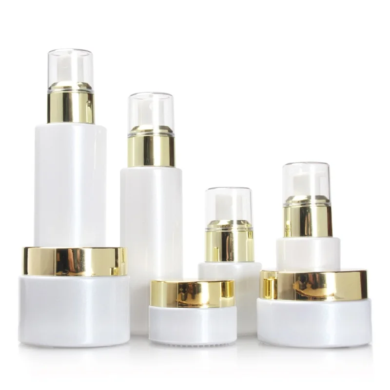 

Mist Spray Bottle Glass 20~100ML White Refillable Emulsion Lotion Pump Bottle Light Gold Cap 20/30/50G Empty Cosmetic Cream Jar