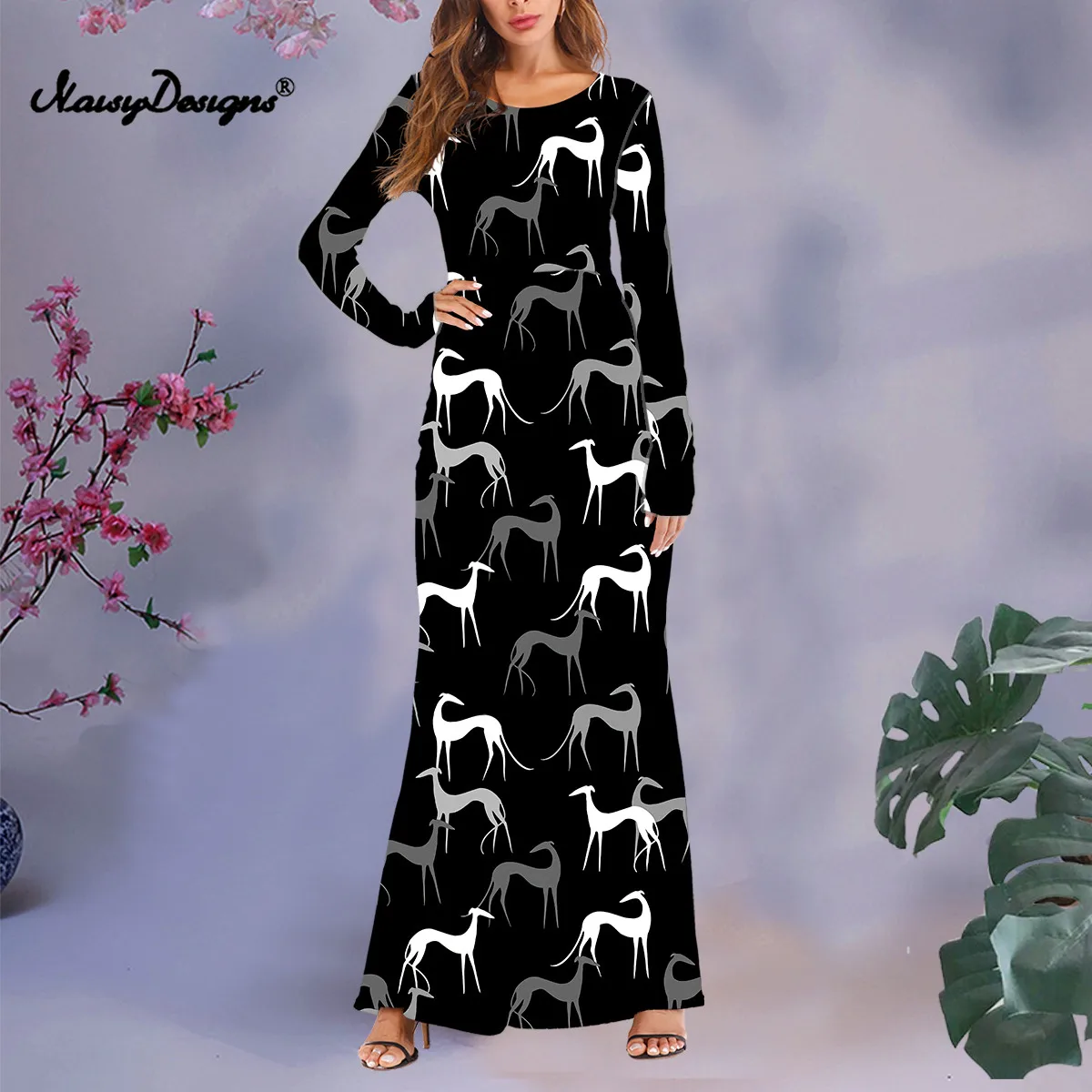 

Noisydesigns Elegant Dresses For Women Black Greyhound Dogs Prints Lady Long Sleeve Maxi Ropa Spring 2022 Robe Femme Vestidos