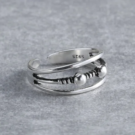 Women Unique Adjustable Opening 925 Sterling Silver Finger Ring Retro 3layers Carved Toe Ring Beach Foot Jewelry