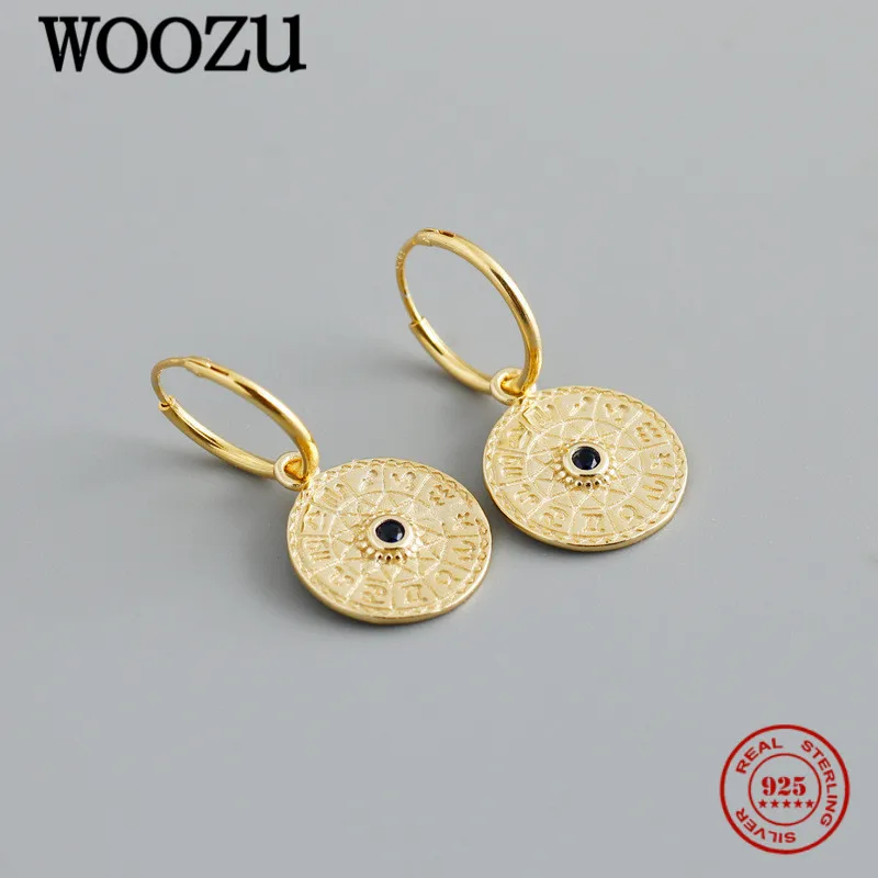 WOOZU Genuine 925 Sterling Silver Fashion 12 Constellation Disc Pendant Drop Earrings For Women Party Ethnic Punk Jewelry Gift