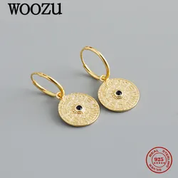 WOOZU Genuine 925 Sterling Silver Fashion 12 Constellation Disc Pendant Drop Earrings For Women Party Ethnic Punk Jewelry Gift