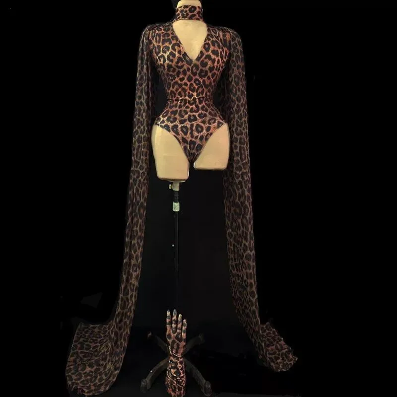 Bodysuit oco com padrão leopardo feminino, xale estampado, roupa de festa de aniversário, performance da cantora dançarina