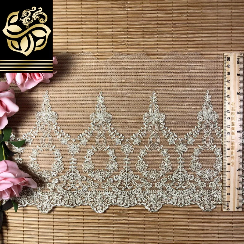 22CM Wide Elegant Gold Line Mesh Lace Fabric Embroidery Ribbon Trim Dress Guipure Scarf Apparel DIY Sewing Accessories