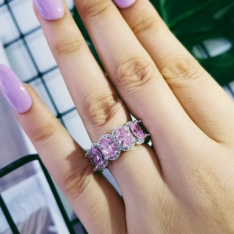 BRAND 925 SILVER PAVE Cushion cut pink stone BAND Ring for Women ETERNITY ENGAGEMENT WEDDING Rings finger Simulated Diamond