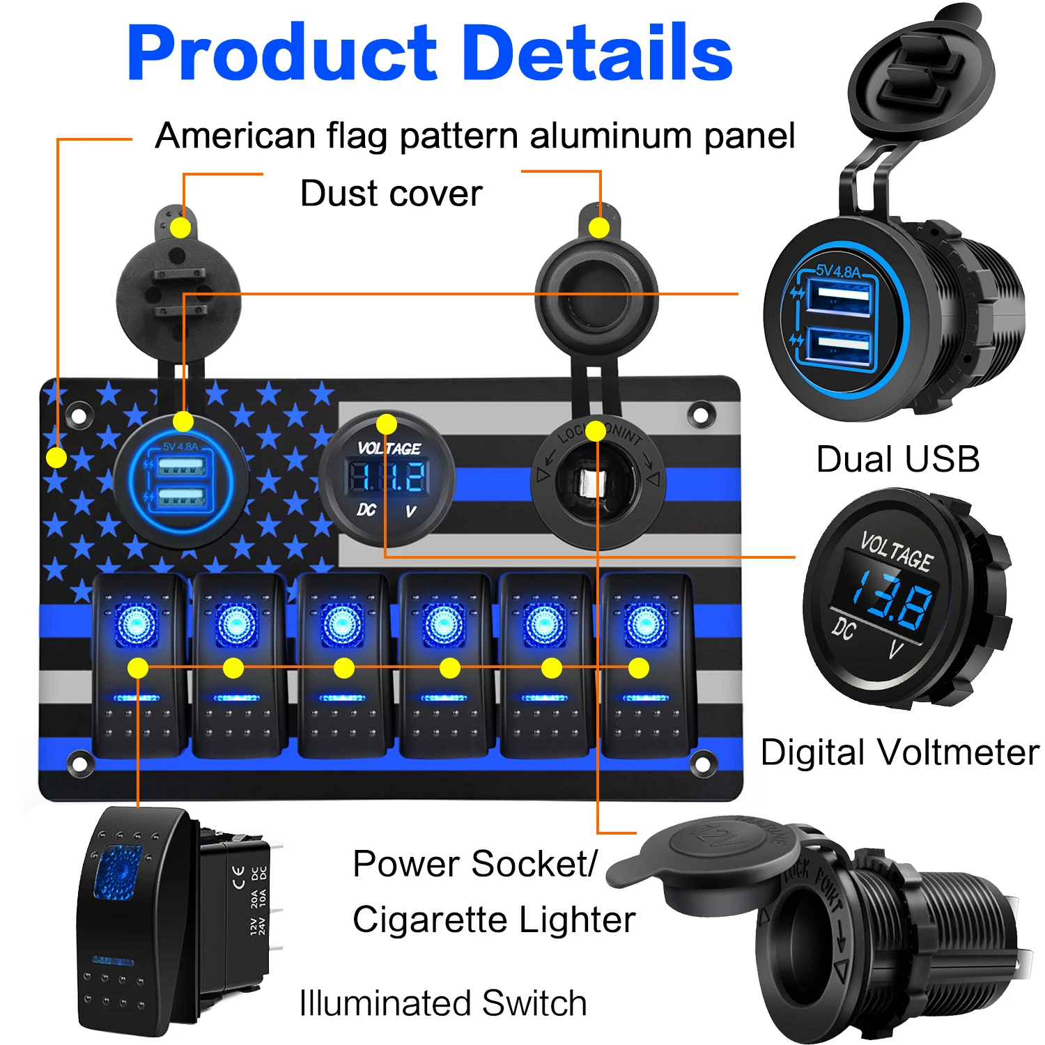 미국 국기 패턴이있는 6 갱 방수 스위치 패널 자동차 용 USB 차량용 충전기 및 전압계 및 전원 소켓이있는 6Pin ON/Off 스위치