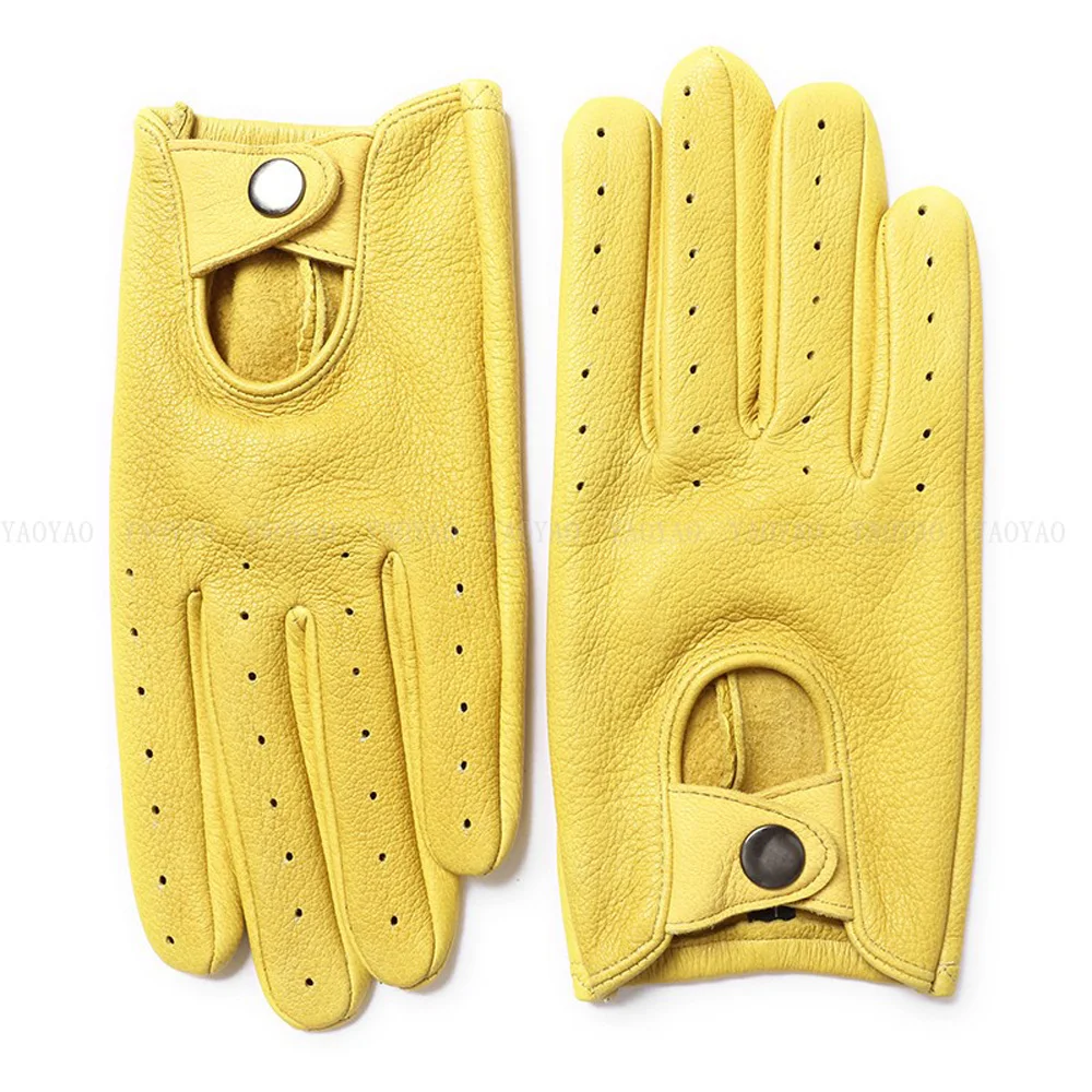 Stylish Women Genuine Leather Thin Gloves Female Full Finger Pure Sheerkin Driving Locomotive Luvas Guantes Mujer Yellow/Black