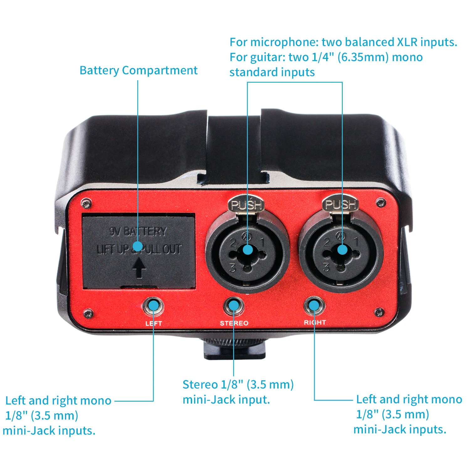 Imagem -05 - Interface de Áudio Canais Alimentação Fantasma Xlr Dupla Entradas de 63 e 35 mm Iphone x Guitarra Câmera Dslr Saramonic-sr-pax1