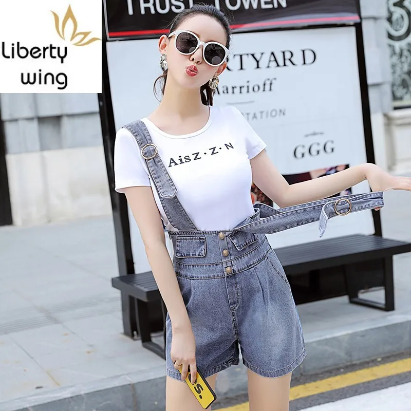 Neue Koreanische Denim Playsuits Frauen Lose Fit Hohe Taille Breite Bein Kurze Overalls Damen Casual Einreiher Jeans Kleidung