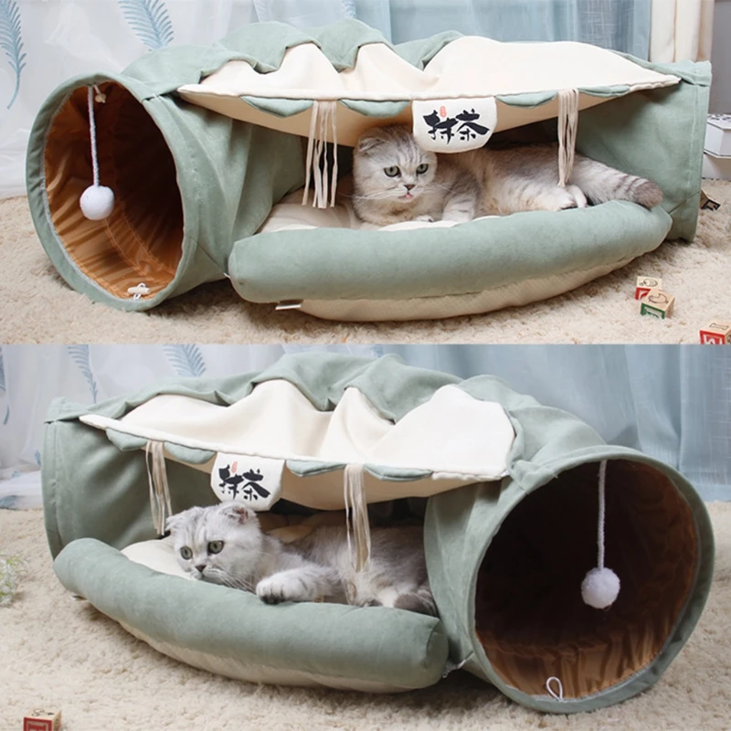 

Collapsible Removeable Cat Tunnel Tube with Mat 2 Way Tube with Scratching Ball Interactive Play Toys Puppy Kitten Hideout House